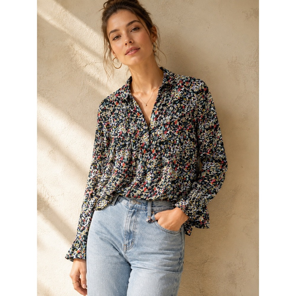 Maeve Anthropologie Floral Print Long Sleeve Bell Cuff Blouse Multicolored M